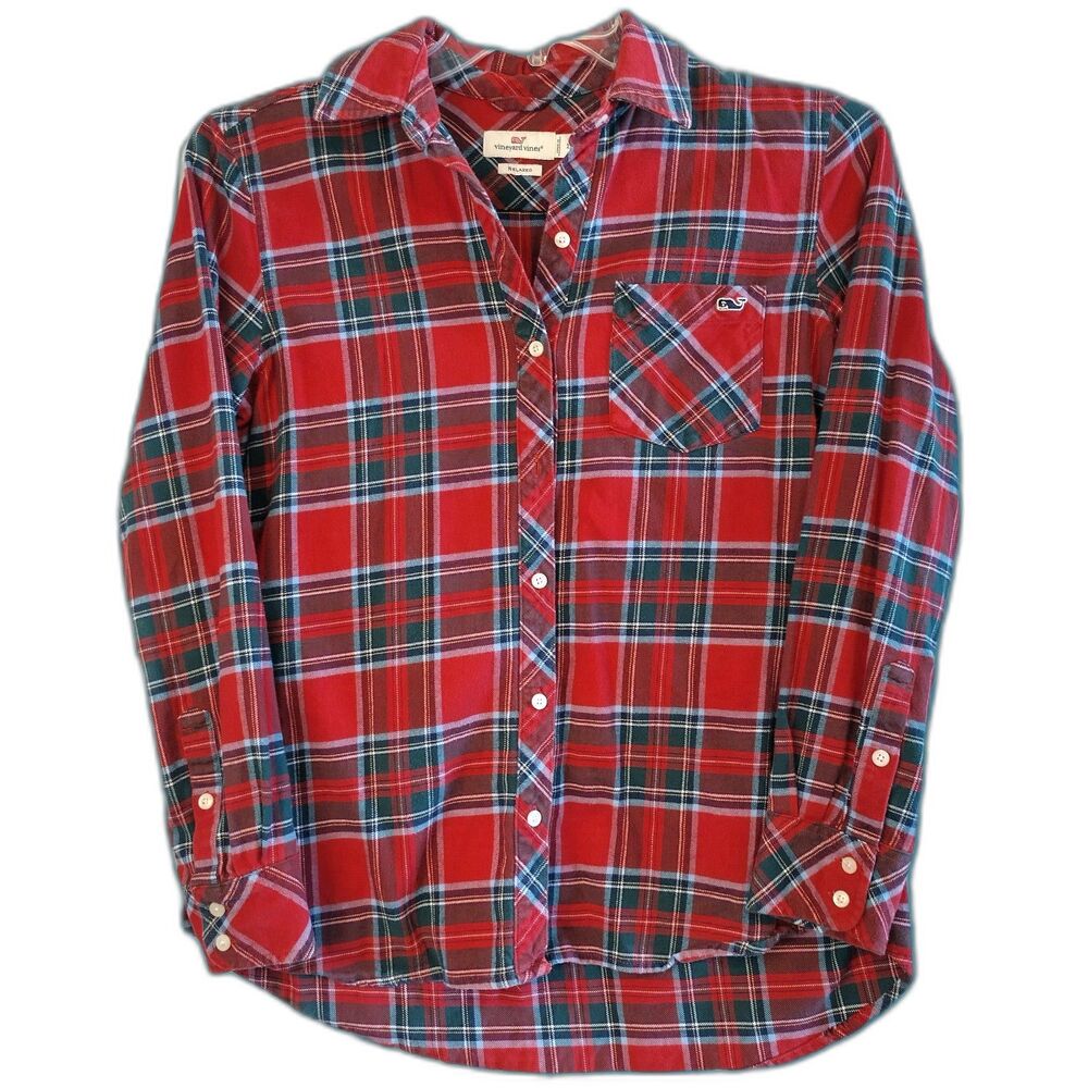 Vineyard Vines Red Plaid Flannel Shirt Whale Women's 2 Grunge Country Western